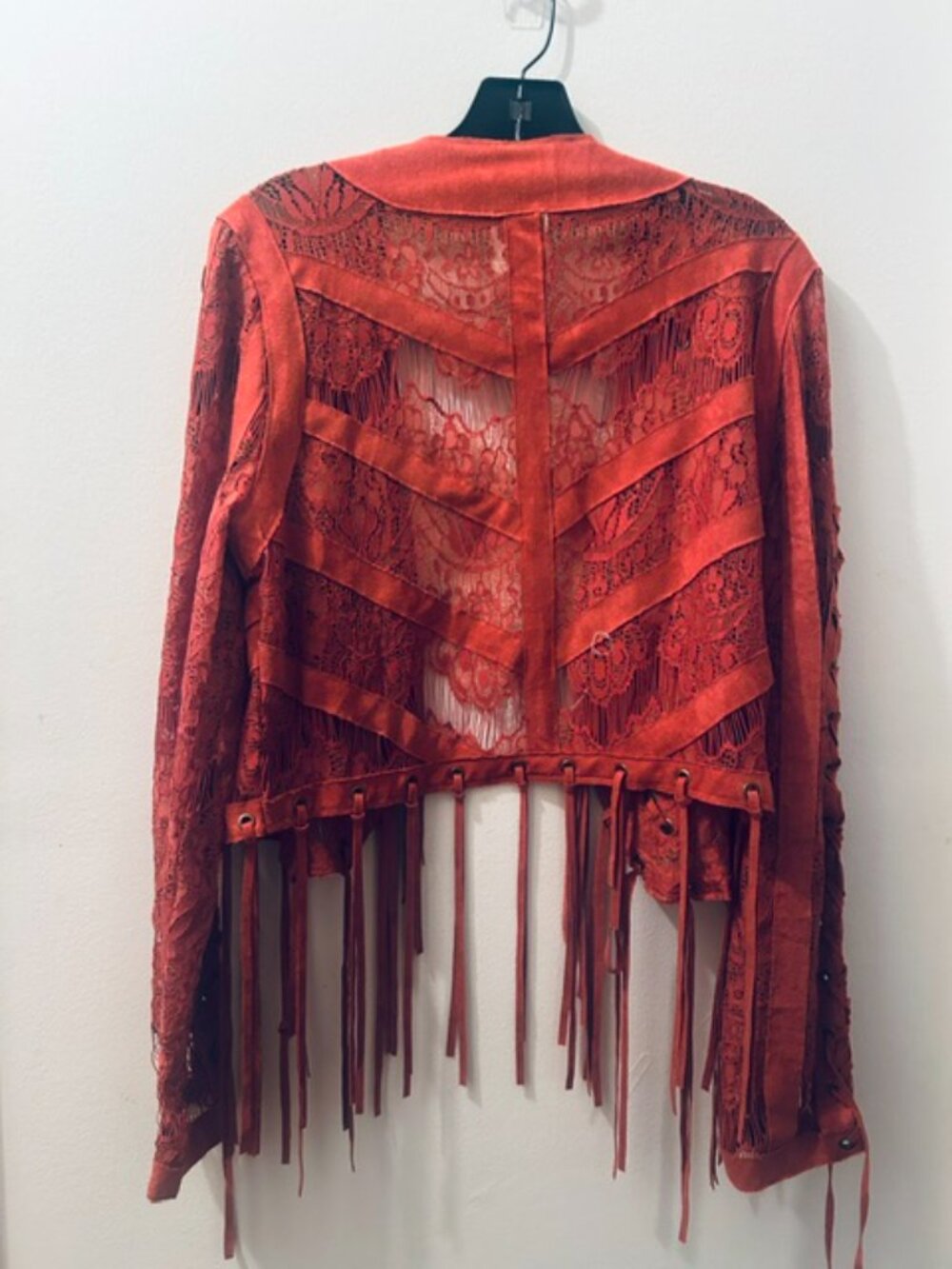 Vocal Women's Red Brick Suede Lace Stitching Fringe Open Tassel Jacket NEW - Picture 16 of 16